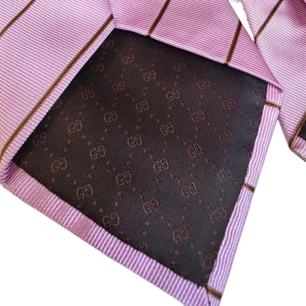 Gucci Mens 100% Silk Tie Made In Italy Pink Brown Stripe 3.75x58 Authentic 🇮🇹